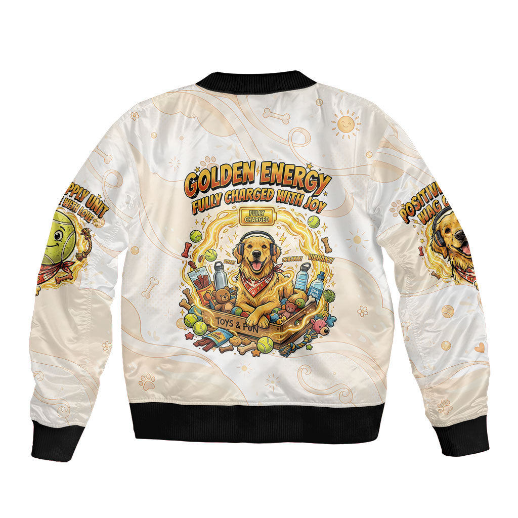 Powered By Golden Energy Bomber Jacket Golden Retriever In Toy Retro Comic Crate Art