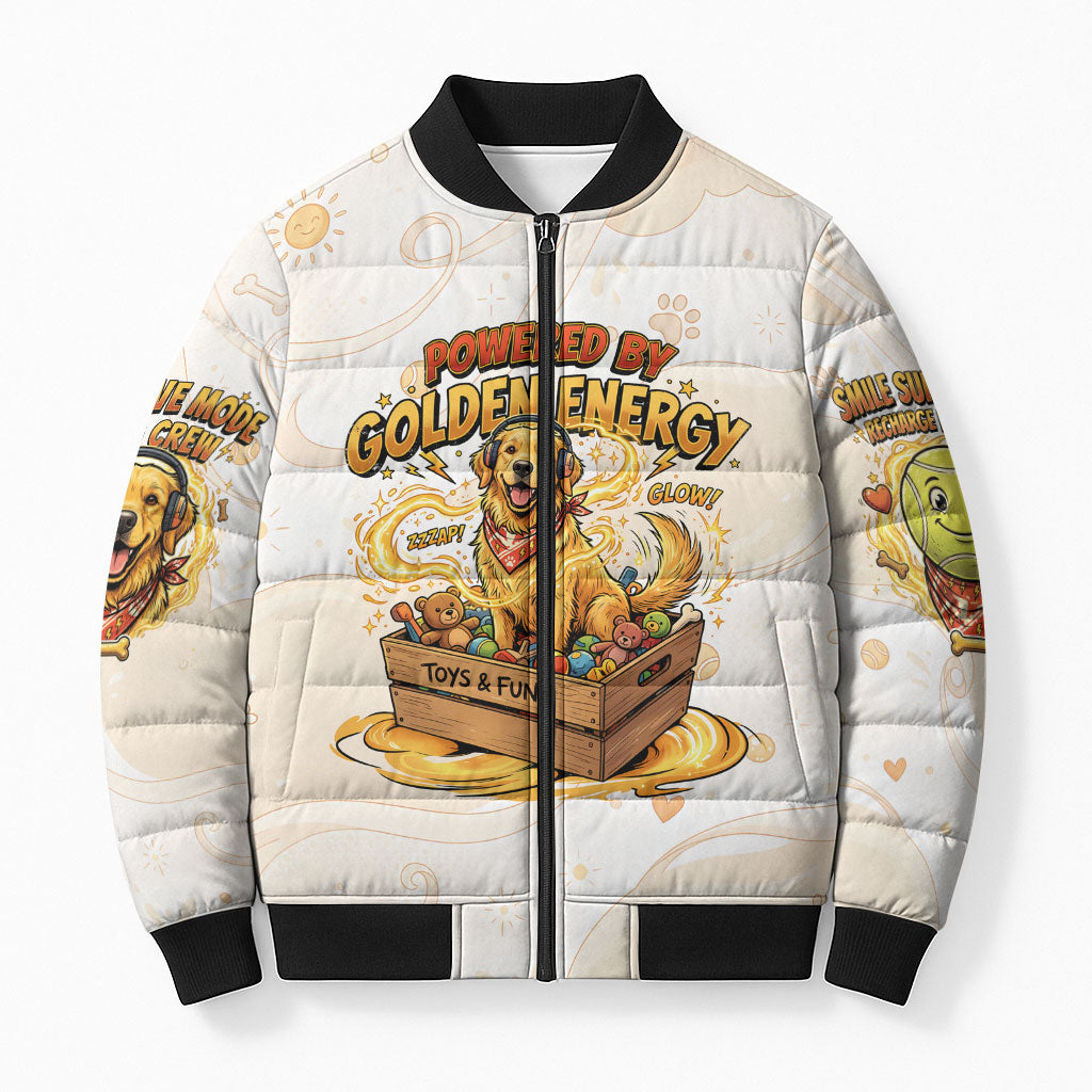 Powered By Golden Energy Bomber Puffer Jacket Golden Retriever In Toy Retro Comic Crate Art