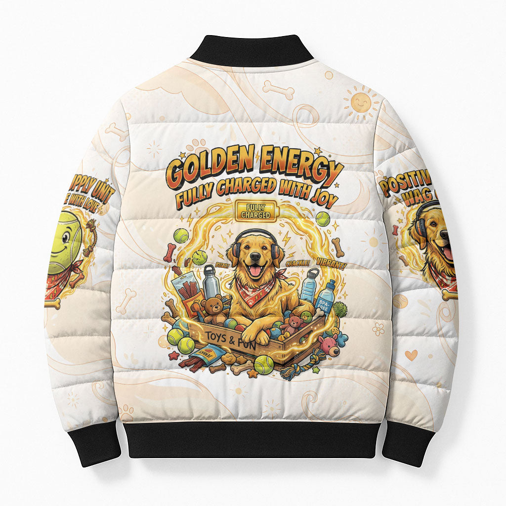 Powered By Golden Energy Bomber Puffer Jacket Golden Retriever In Toy Retro Comic Crate Art
