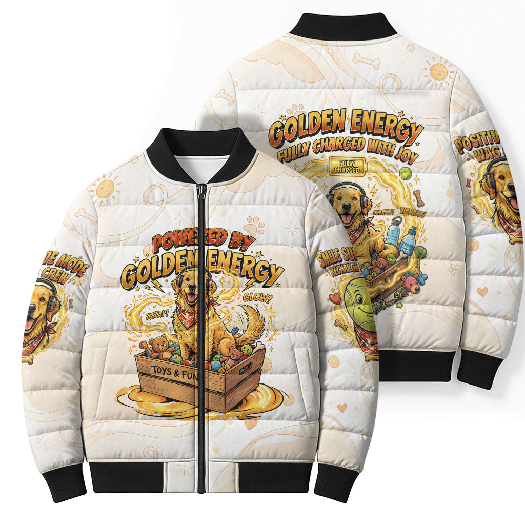 Powered By Golden Energy Bomber Puffer Jacket Golden Retriever In Toy Retro Comic Crate Art