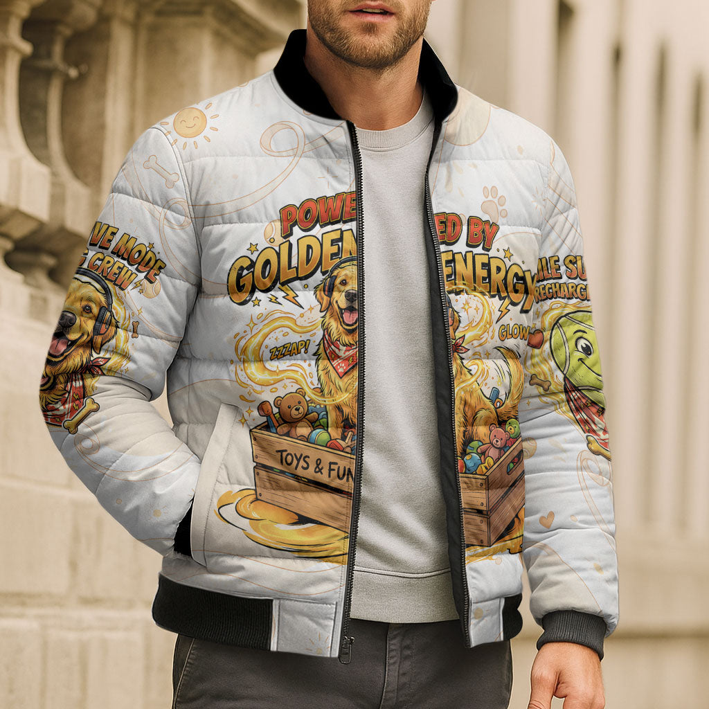 Powered By Golden Energy Bomber Puffer Jacket Golden Retriever In Toy Retro Comic Crate Art