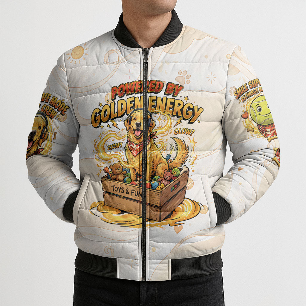 Powered By Golden Energy Bomber Puffer Jacket Golden Retriever In Toy Retro Comic Crate Art