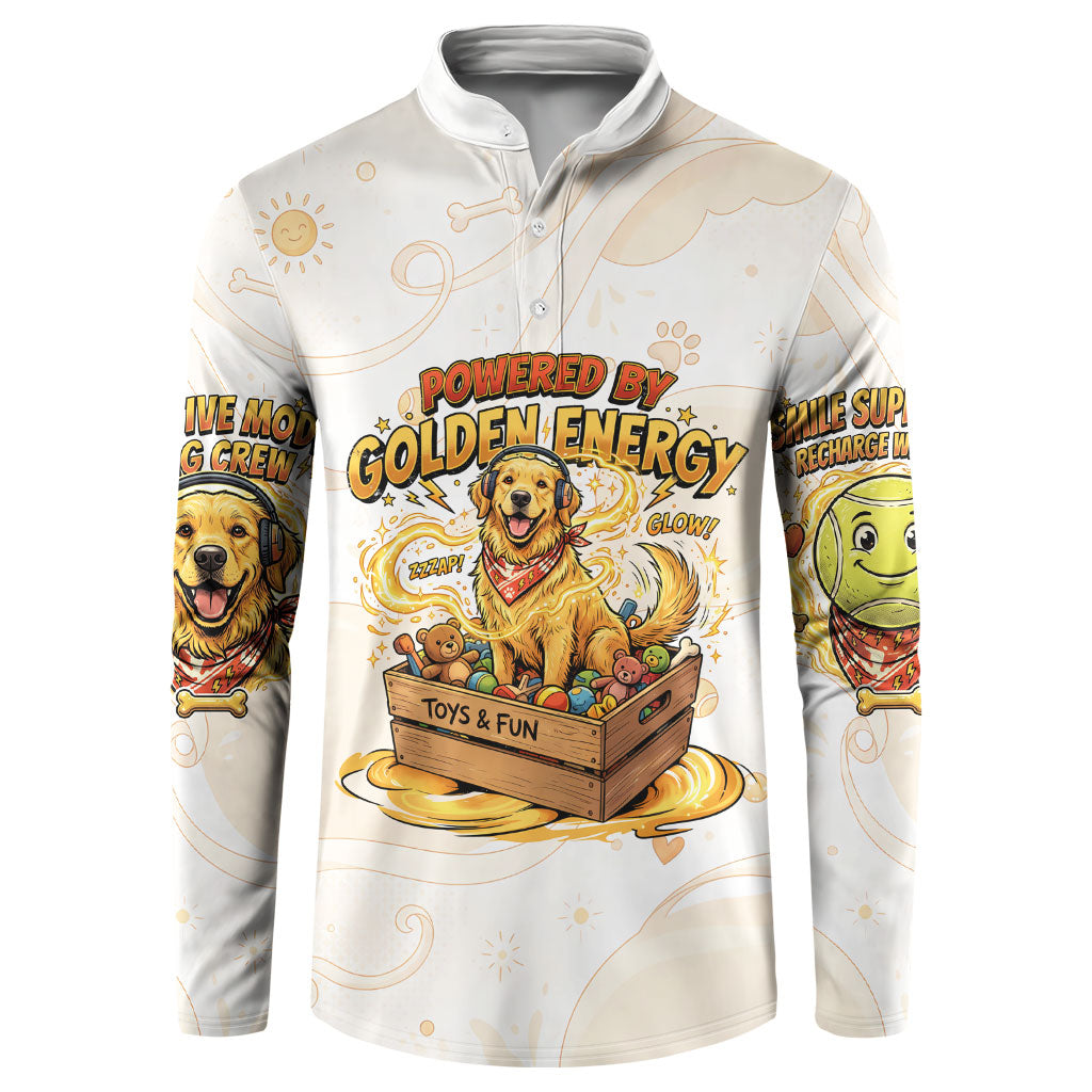 Powered By Golden Energy Button Sweatshirt Golden Retriever In Toy Retro Comic Crate Art