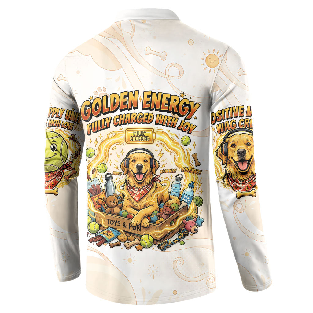 Powered By Golden Energy Button Sweatshirt Golden Retriever In Toy Retro Comic Crate Art