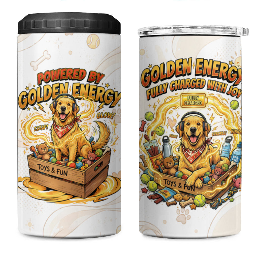 Powered By Golden Energy 4 in 1 Can Cooler Tumbler Golden Retriever In Toy Retro Comic Crate Art