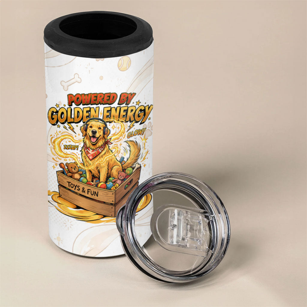 Powered By Golden Energy 4 in 1 Can Cooler Tumbler Golden Retriever In Toy Retro Comic Crate Art
