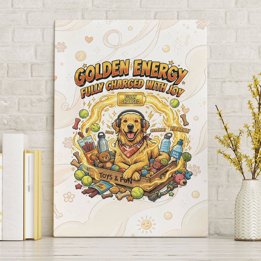 Powered By Golden Energy Canvas Wall Art Golden Retriever In Toy Retro Comic Crate Art