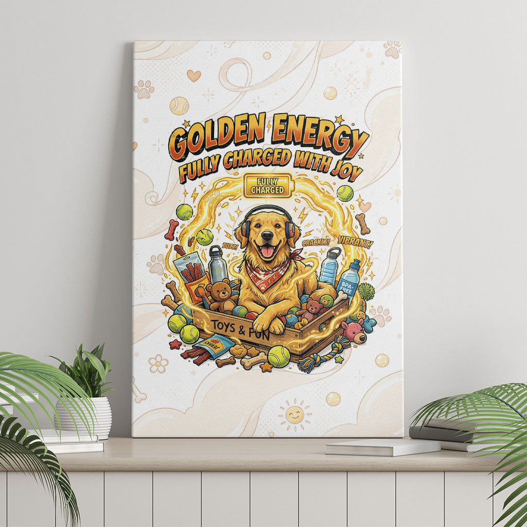 Powered By Golden Energy Canvas Wall Art Golden Retriever In Toy Retro Comic Crate Art
