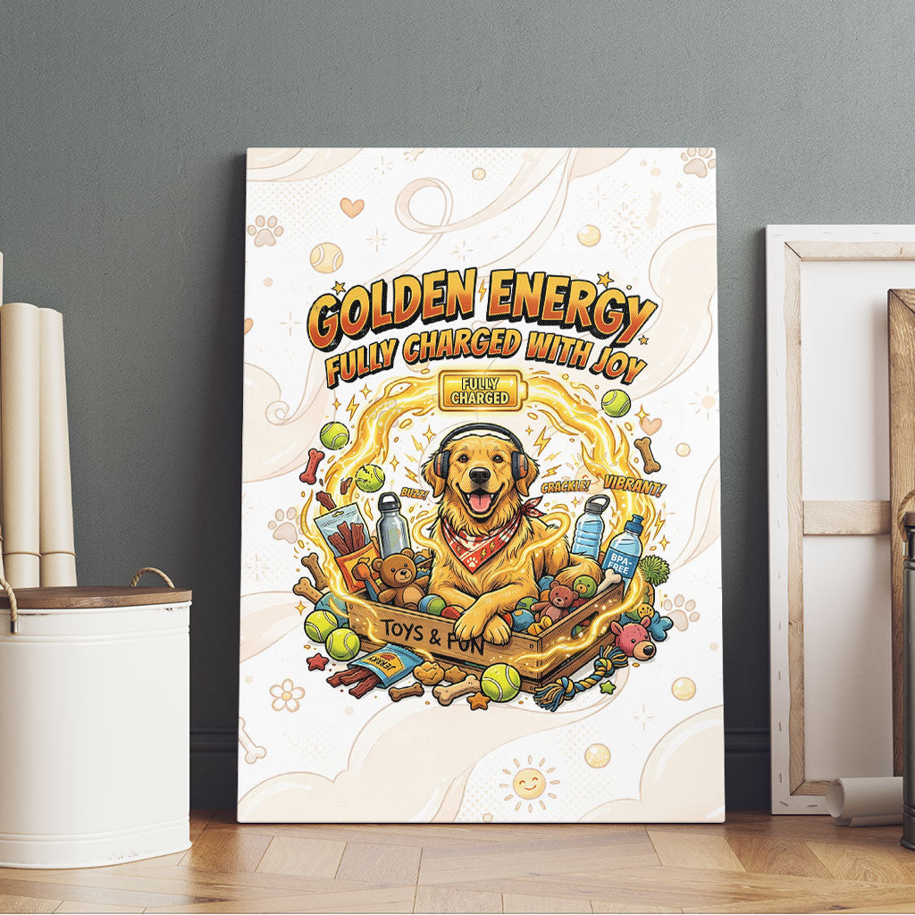 Powered By Golden Energy Canvas Wall Art Golden Retriever In Toy Retro Comic Crate Art