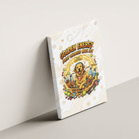 Powered By Golden Energy Canvas Wall Art Golden Retriever In Toy Retro Comic Crate Art