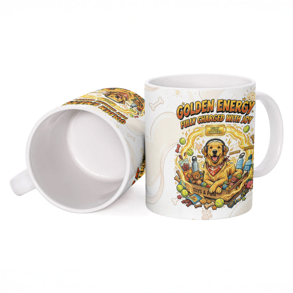 Powered By Golden Energy Ceramic Mug Golden Retriever In Toy Retro Comic Crate Art