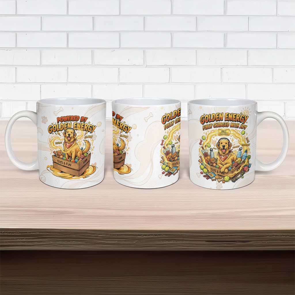 Powered By Golden Energy Ceramic Mug Golden Retriever In Toy Retro Comic Crate Art