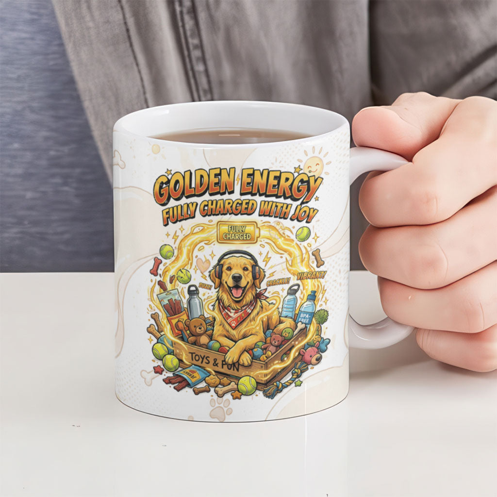 Powered By Golden Energy Ceramic Mug Golden Retriever In Toy Retro Comic Crate Art