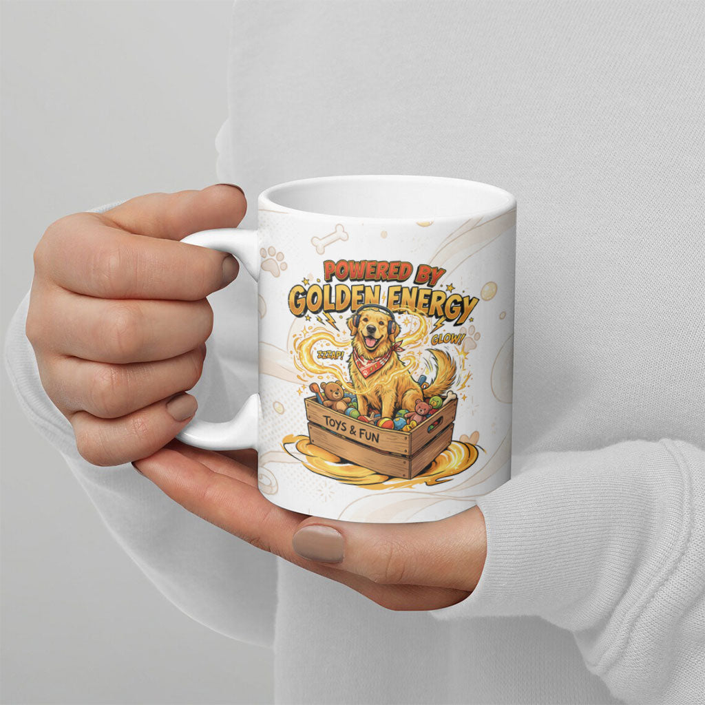 Powered By Golden Energy Ceramic Mug Golden Retriever In Toy Retro Comic Crate Art