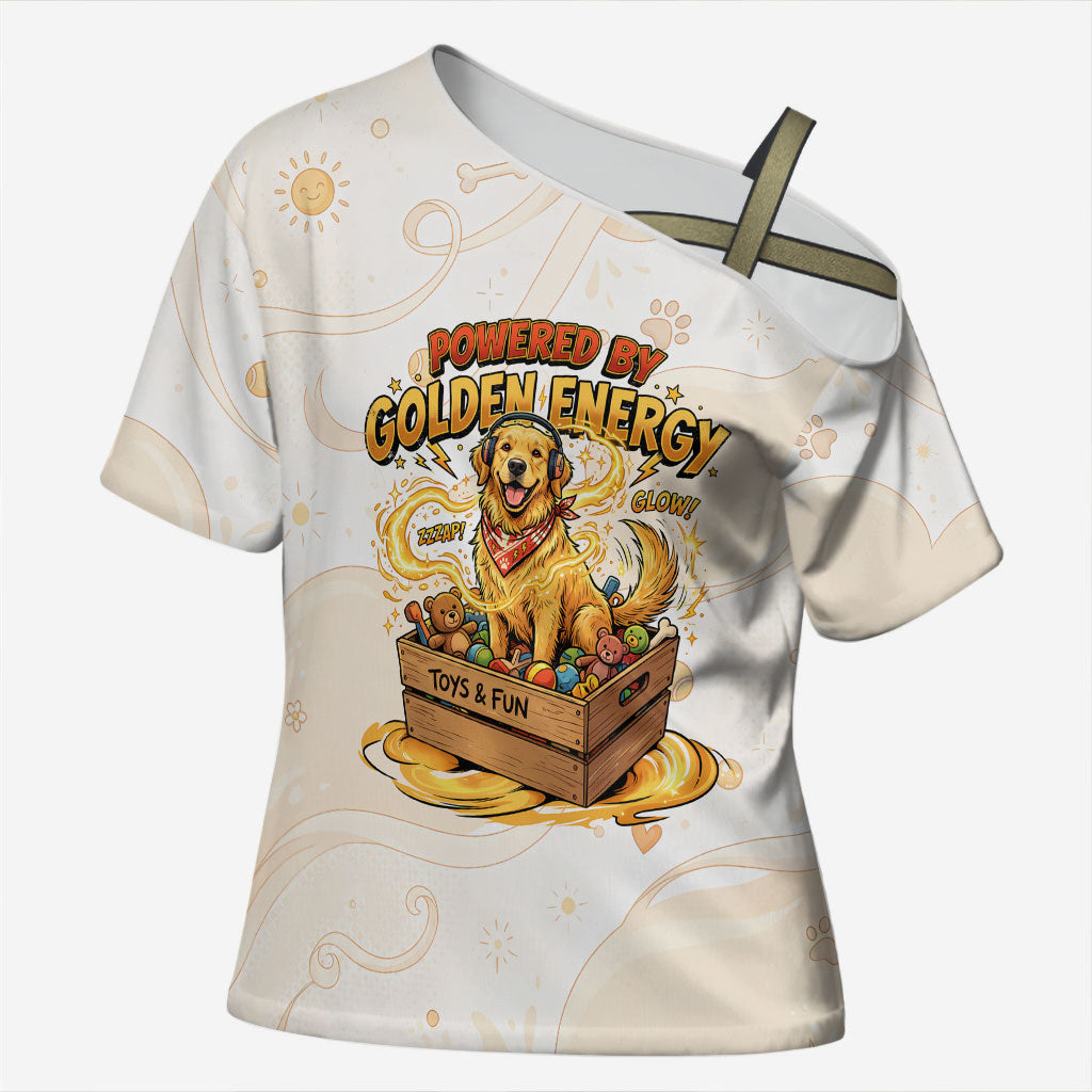 Powered By Golden Energy Cross Shoulder Shirt Golden Retriever In Toy Retro Comic Crate Art