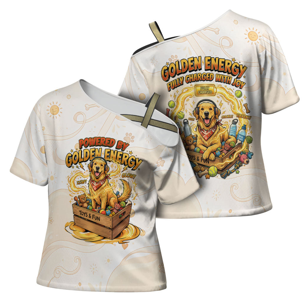 Powered By Golden Energy Cross Shoulder Shirt Golden Retriever In Toy Retro Comic Crate Art