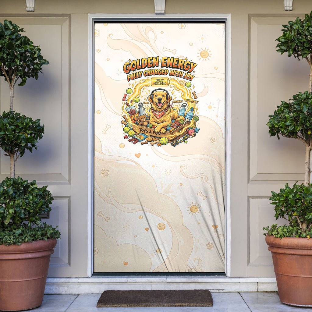 Powered By Golden Energy Door Cover Golden Retriever In Toy Retro Comic Crate Art