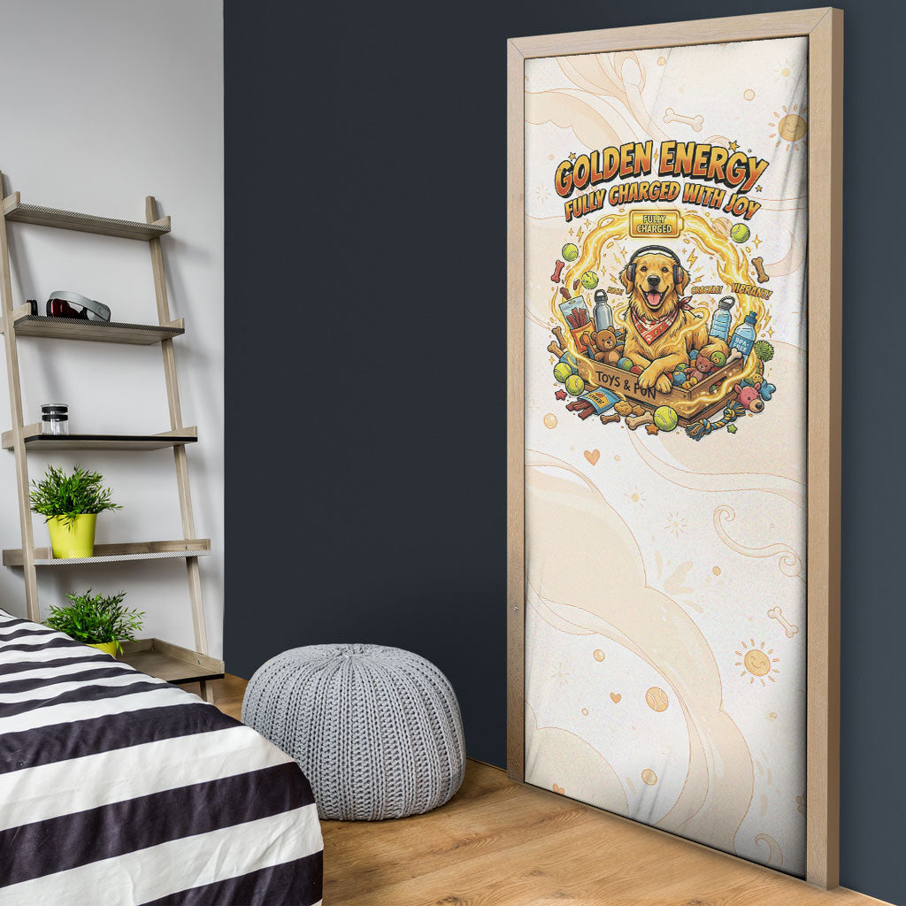 Powered By Golden Energy Door Cover Golden Retriever In Toy Retro Comic Crate Art