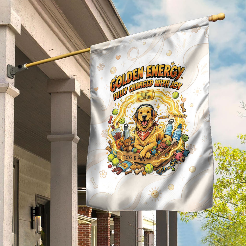 Powered By Golden Energy Garden Flag Golden Retriever In Toy Retro Comic Crate Art