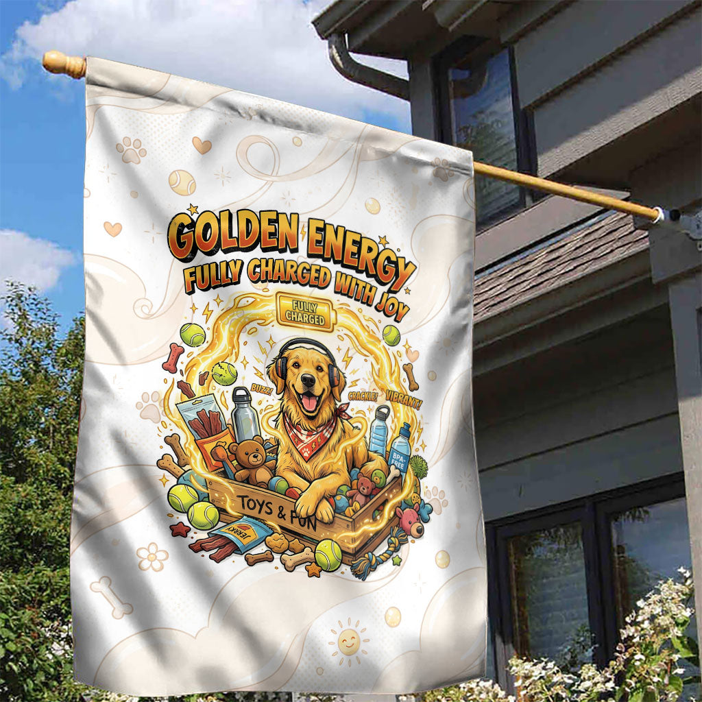 Powered By Golden Energy Garden Flag Golden Retriever In Toy Retro Comic Crate Art