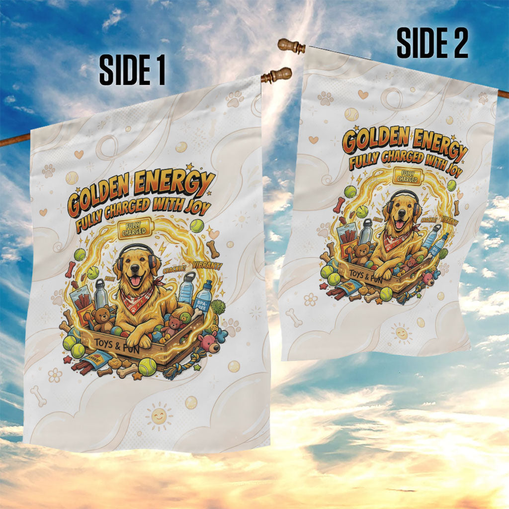 Powered By Golden Energy Garden Flag Golden Retriever In Toy Retro Comic Crate Art