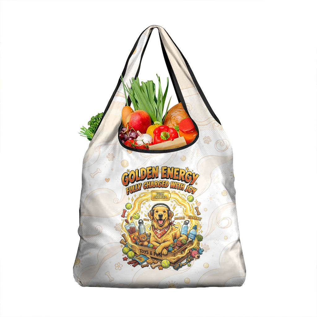 Powered By Golden Energy Grocery Bag Golden Retriever In Toy Retro Comic Crate Art