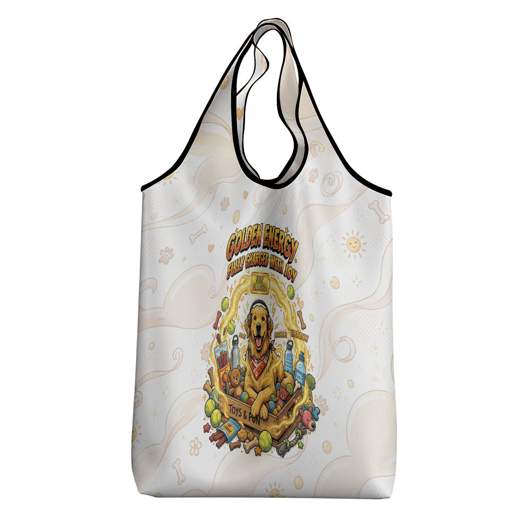 Powered By Golden Energy Grocery Bag Golden Retriever In Toy Retro Comic Crate Art