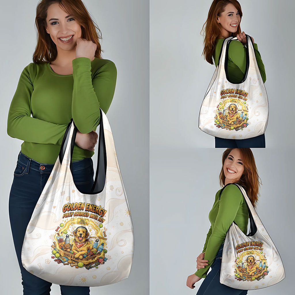 Powered By Golden Energy Grocery Bag Golden Retriever In Toy Retro Comic Crate Art