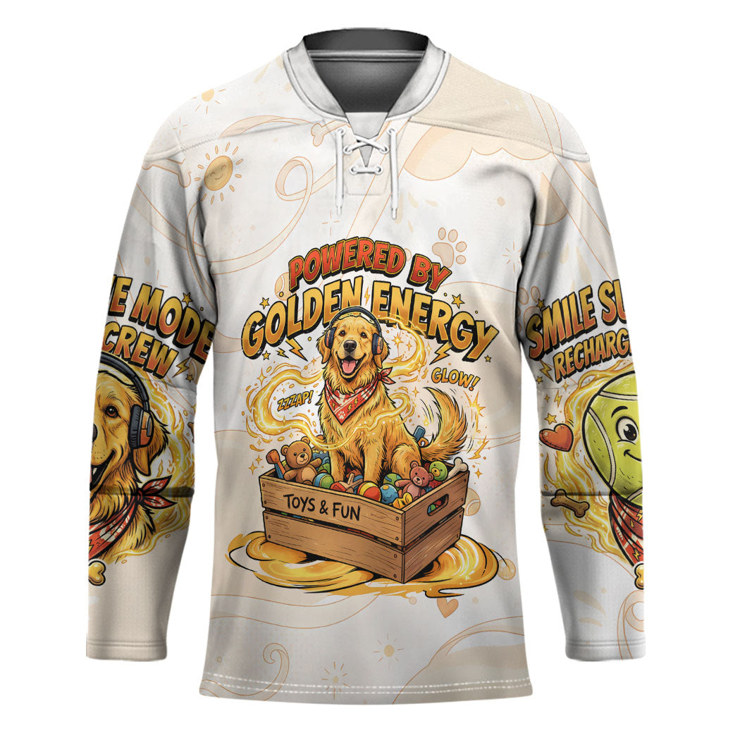 Powered By Golden Energy Hockey Jersey Golden Retriever In Toy Retro Comic Crate Art
