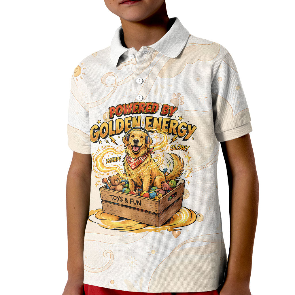 Powered By Golden Energy Kid Polo Shirt Golden Retriever In Toy Retro Comic Crate Art