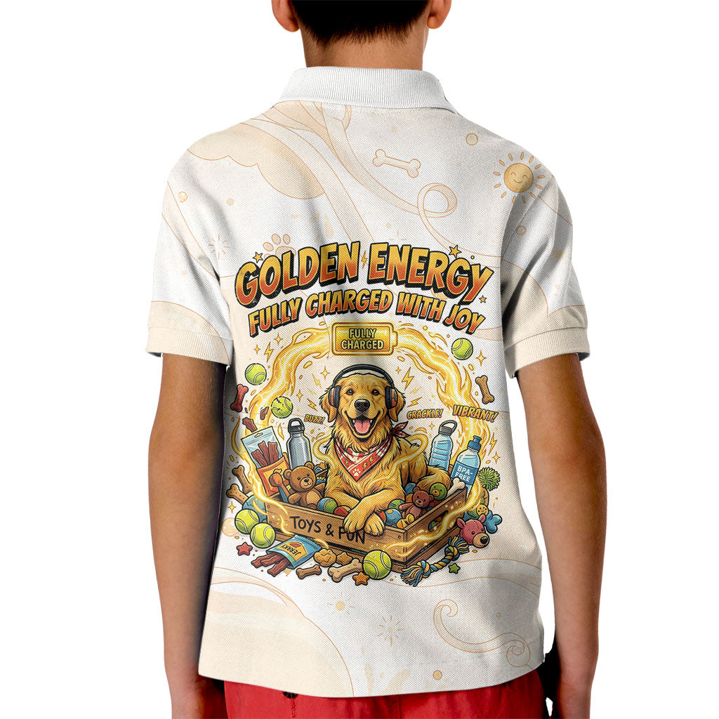 Powered By Golden Energy Kid Polo Shirt Golden Retriever In Toy Retro Comic Crate Art
