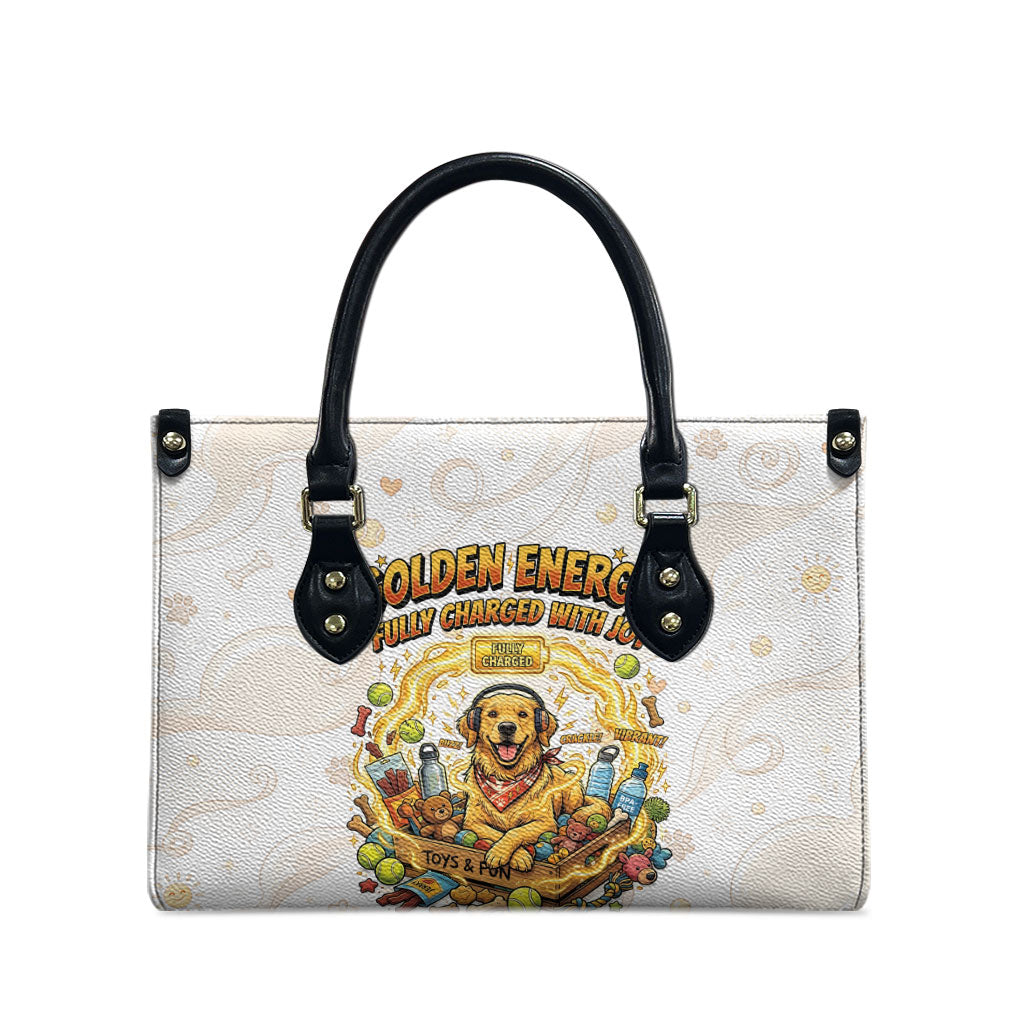 Powered By Golden Energy Leather Bag Golden Retriever In Toy Retro Comic Crate Art