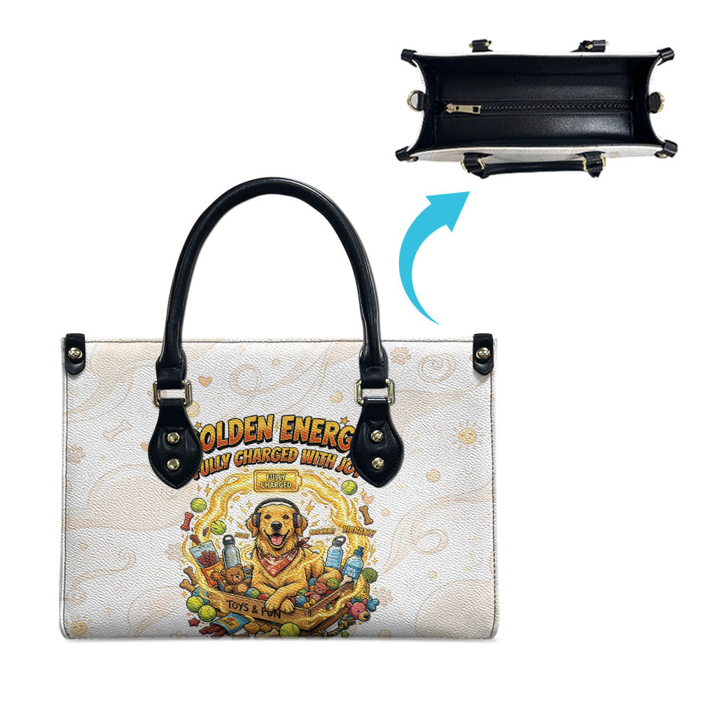 Powered By Golden Energy Leather Bag Golden Retriever In Toy Retro Comic Crate Art