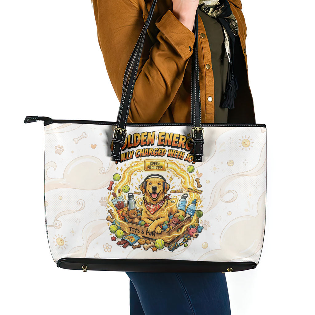 Powered By Golden Energy Leather Tote Bag Golden Retriever In Toy Retro Comic Crate Art