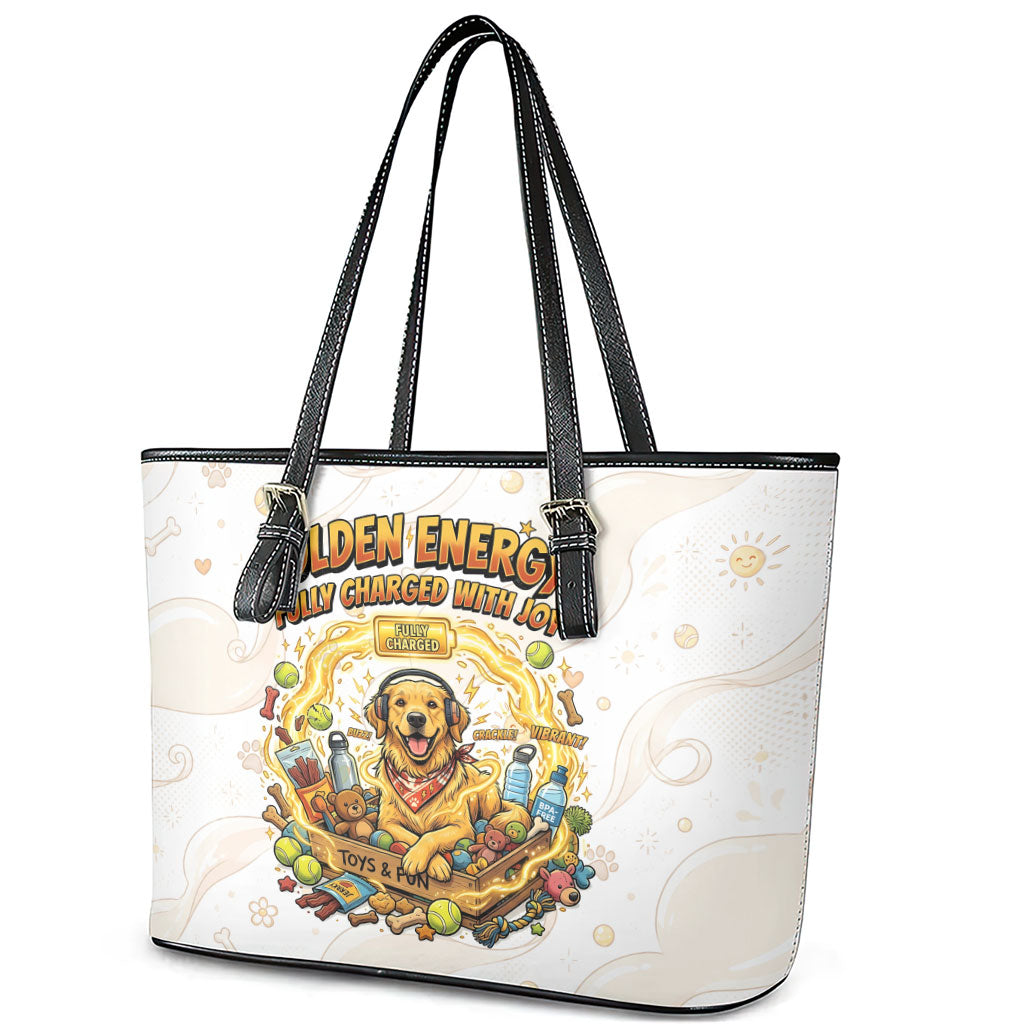 Powered By Golden Energy Leather Tote Bag Golden Retriever In Toy Retro Comic Crate Art