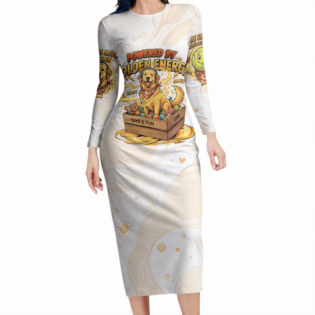 Powered By Golden Energy Long Sleeve Bodycon Dress Golden Retriever In Toy Retro Comic Crate Art