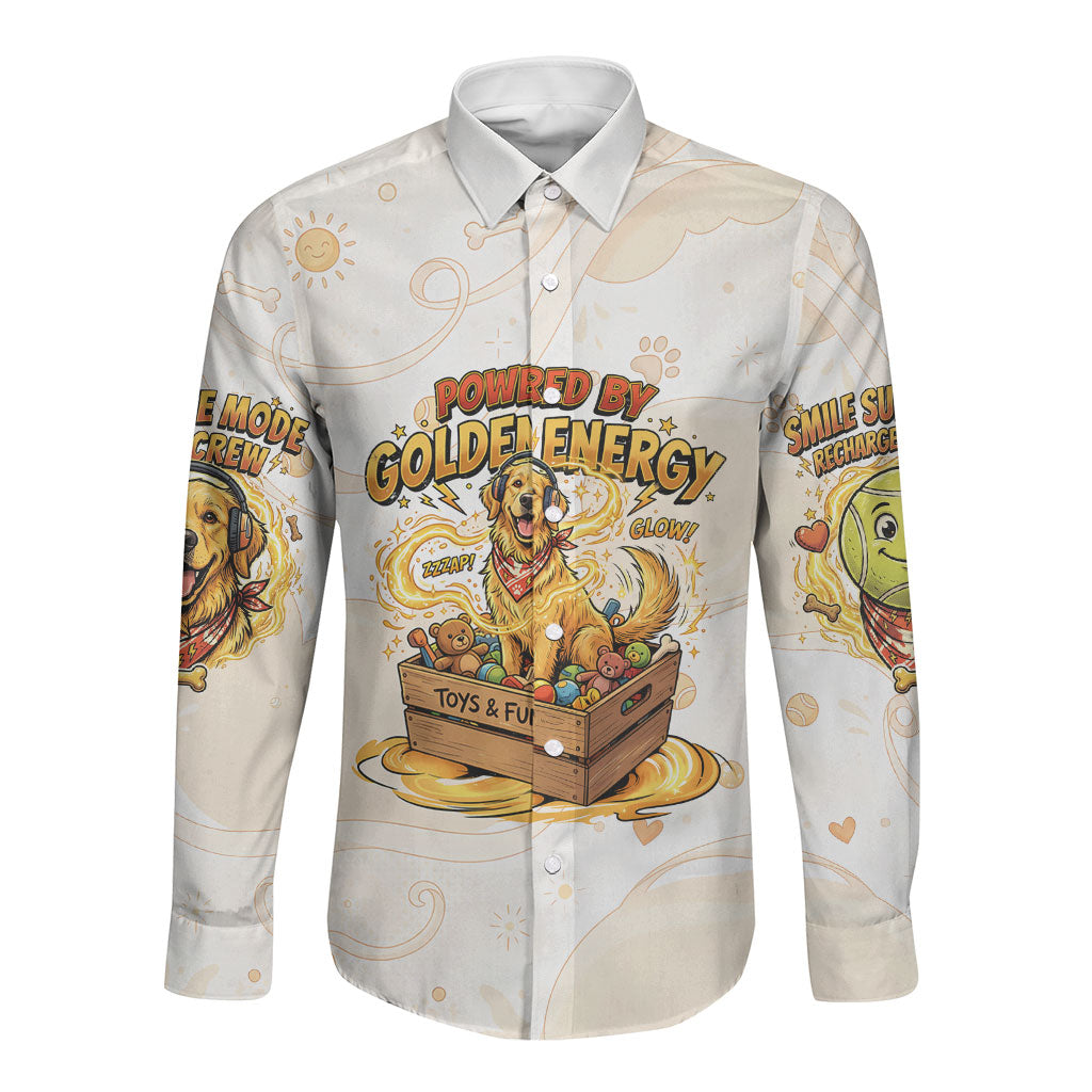 Powered By Golden Energy Long Sleeve Button Shirt Golden Retriever In Toy Retro Comic Crate Art