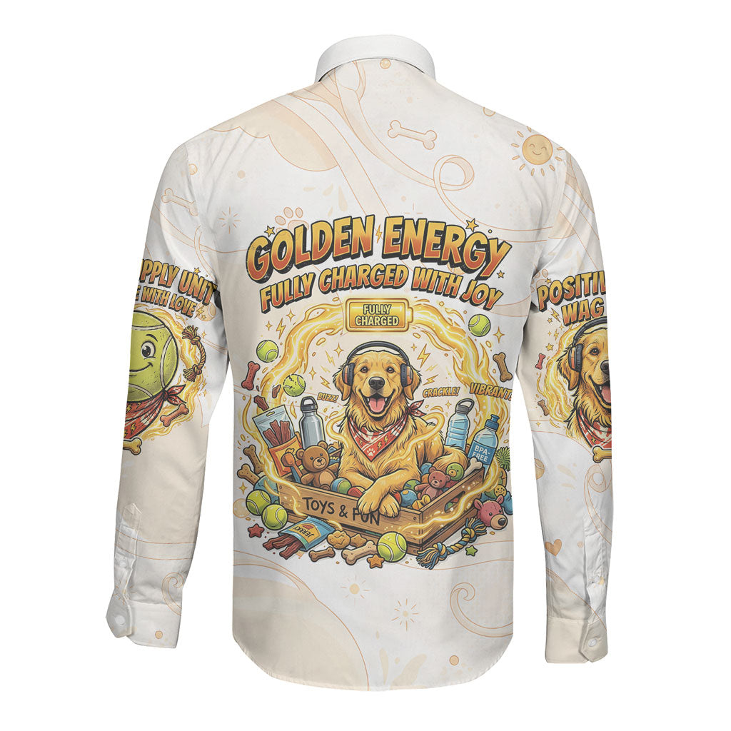 Powered By Golden Energy Long Sleeve Button Shirt Golden Retriever In Toy Retro Comic Crate Art