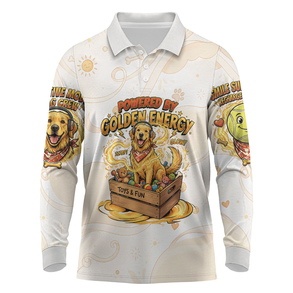 Powered By Golden Energy Long Sleeve Polo Shirt Golden Retriever In Toy Retro Comic Crate Art