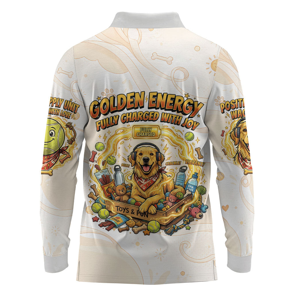 Powered By Golden Energy Long Sleeve Polo Shirt Golden Retriever In Toy Retro Comic Crate Art