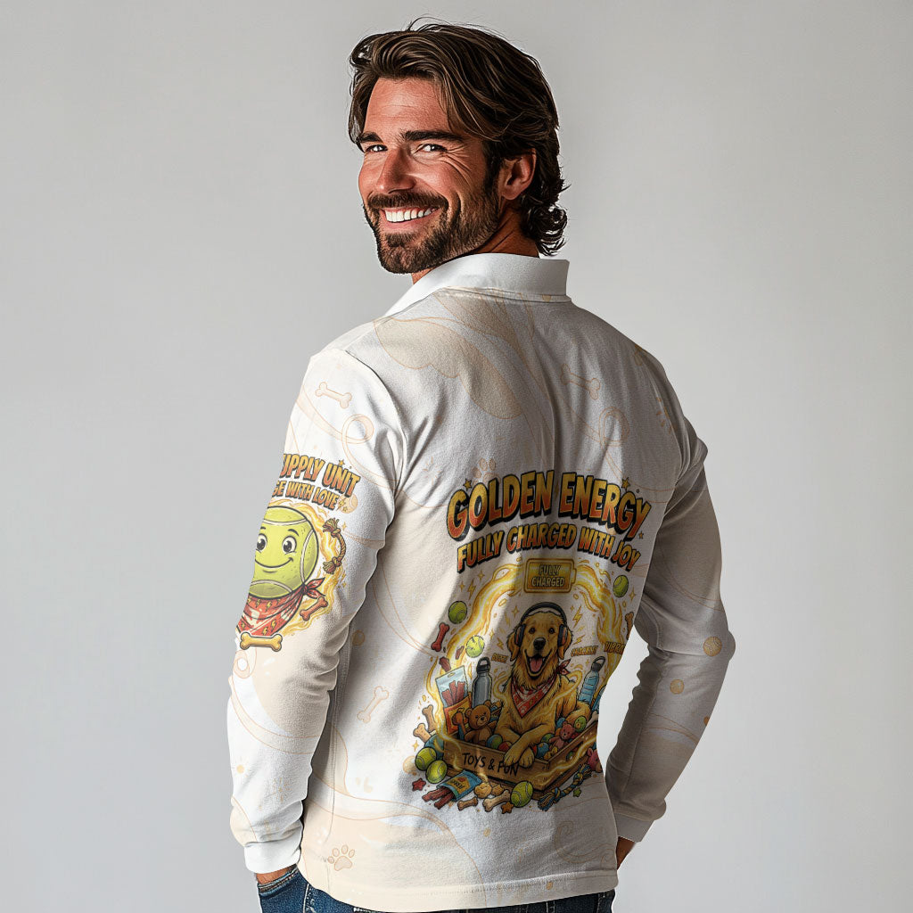 Powered By Golden Energy Long Sleeve Polo Shirt Golden Retriever In Toy Retro Comic Crate Art