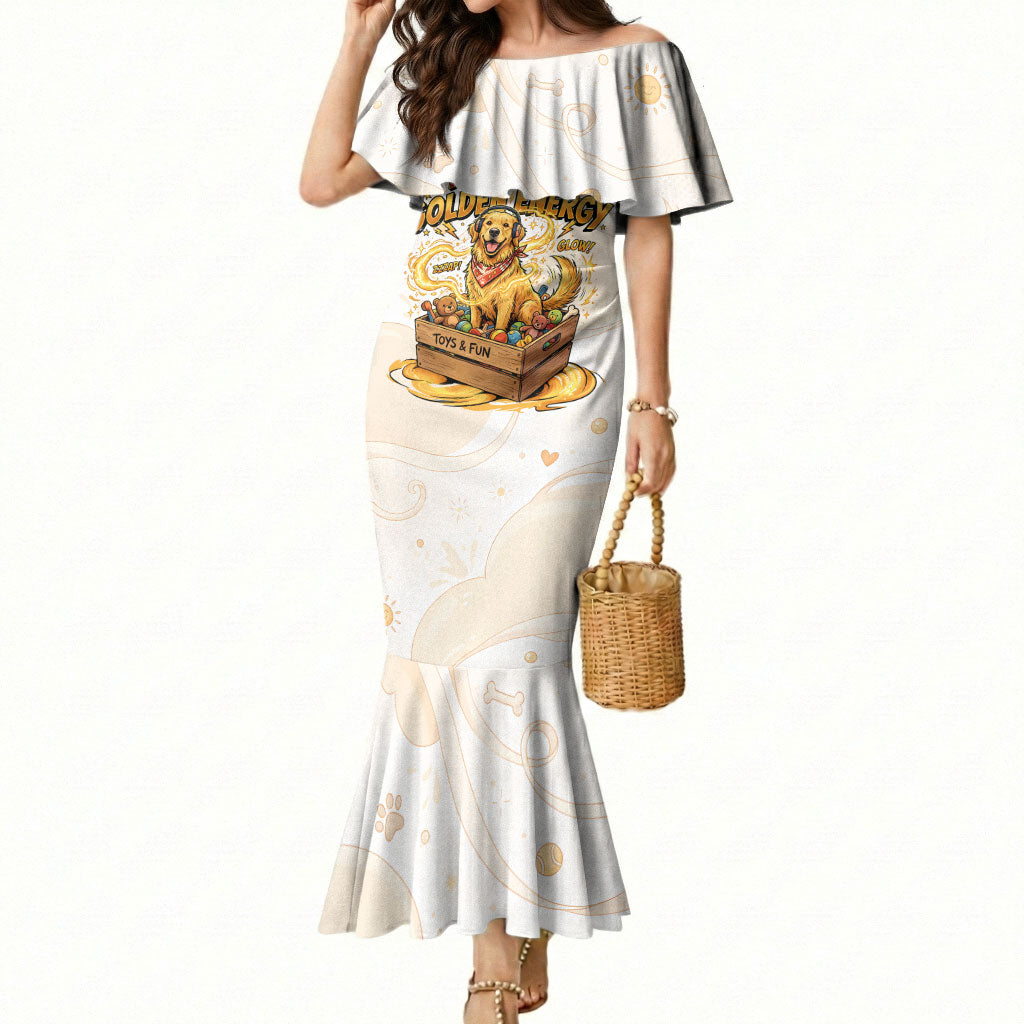 Powered By Golden Energy Mermaid Dress Golden Retriever In Toy Retro Comic Crate Art
