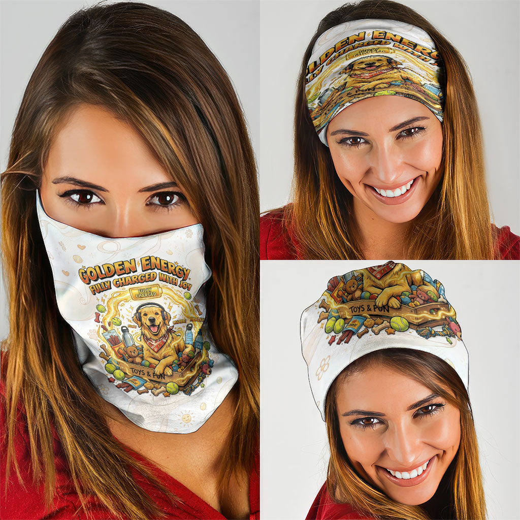 Powered By Golden Energy Neck Gaiter Golden Retriever In Toy Retro Comic Crate Art