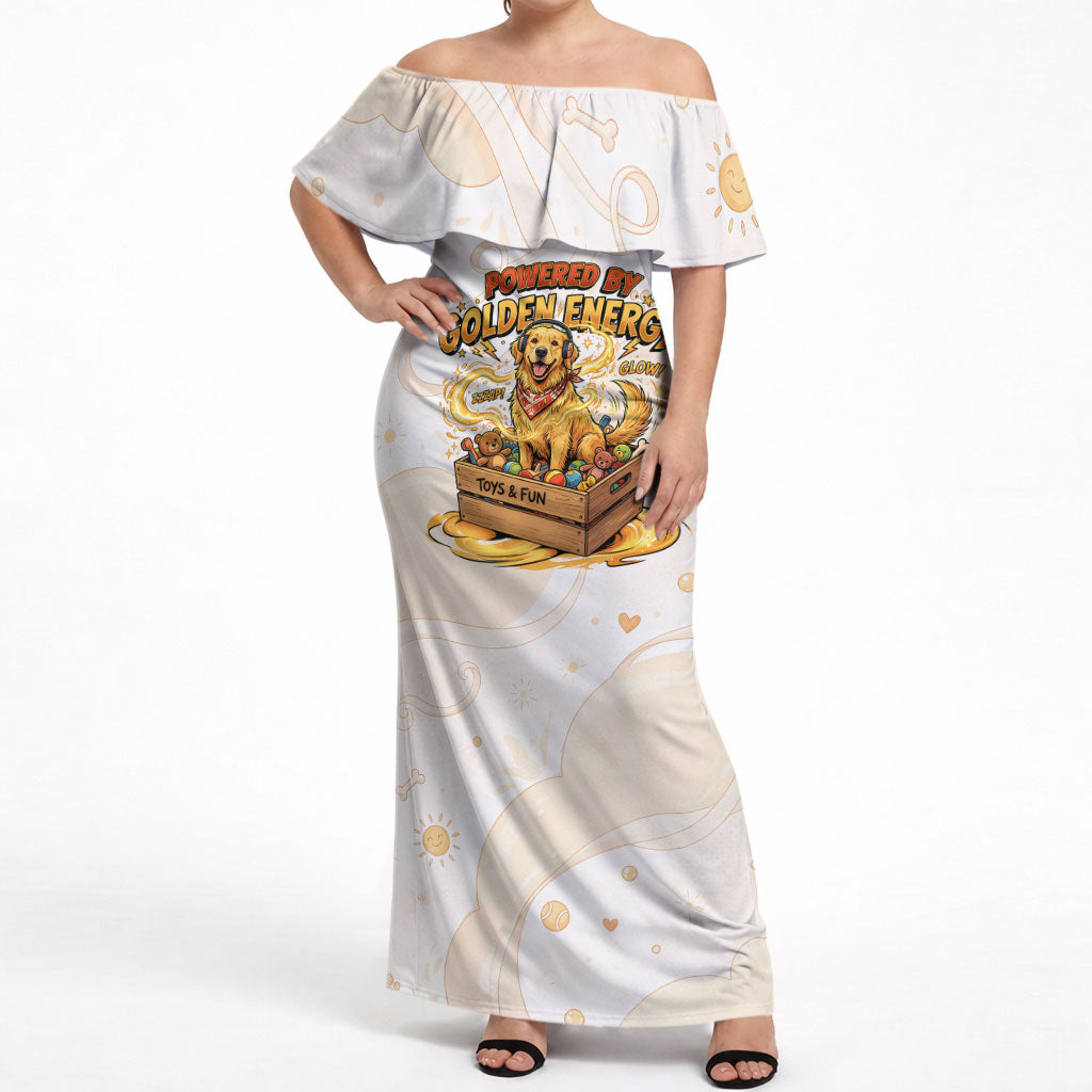 Powered By Golden Energy Off Shoulder Maxi Dress Golden Retriever In Toy Retro Comic Crate Art