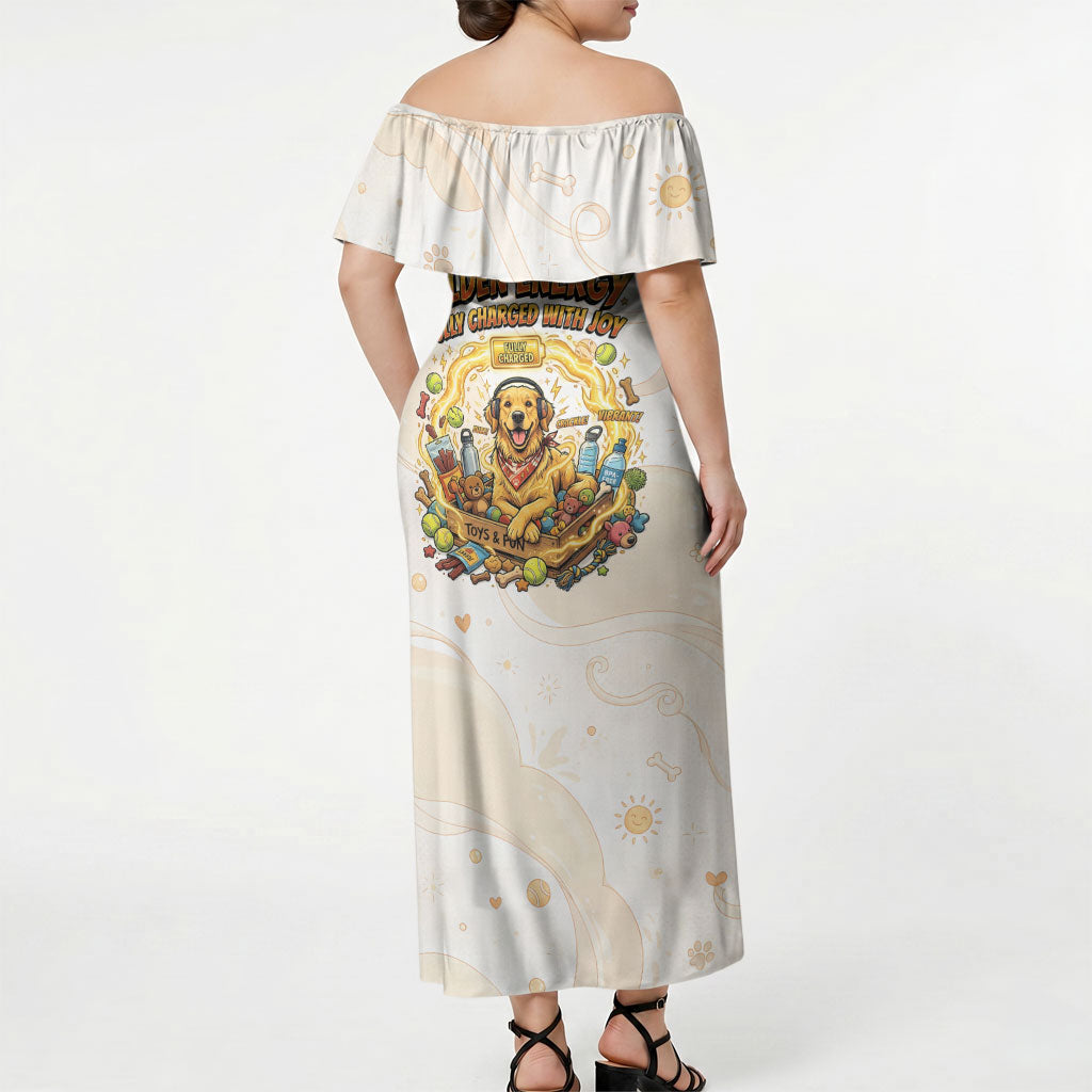 Powered By Golden Energy Off Shoulder Maxi Dress Golden Retriever In Toy Retro Comic Crate Art