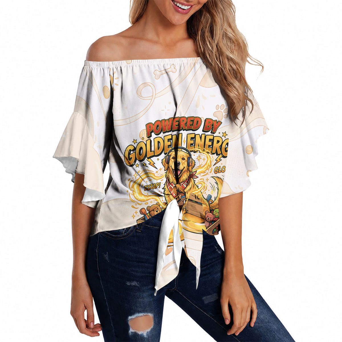 Powered By Golden Energy Off Shoulder Wrap Waist Top Golden Retriever In Toy Retro Comic Crate Art