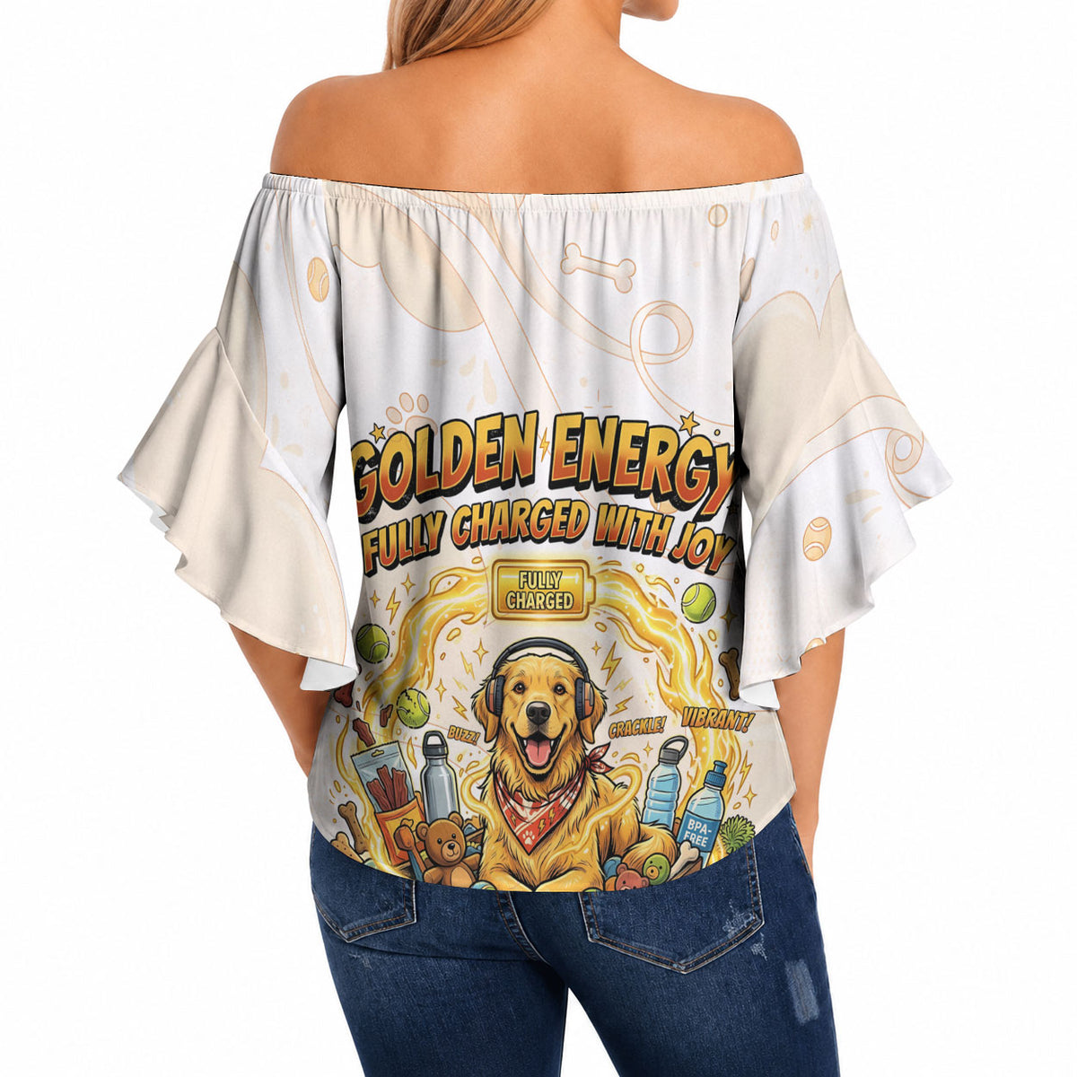 Powered By Golden Energy Off Shoulder Wrap Waist Top Golden Retriever In Toy Retro Comic Crate Art