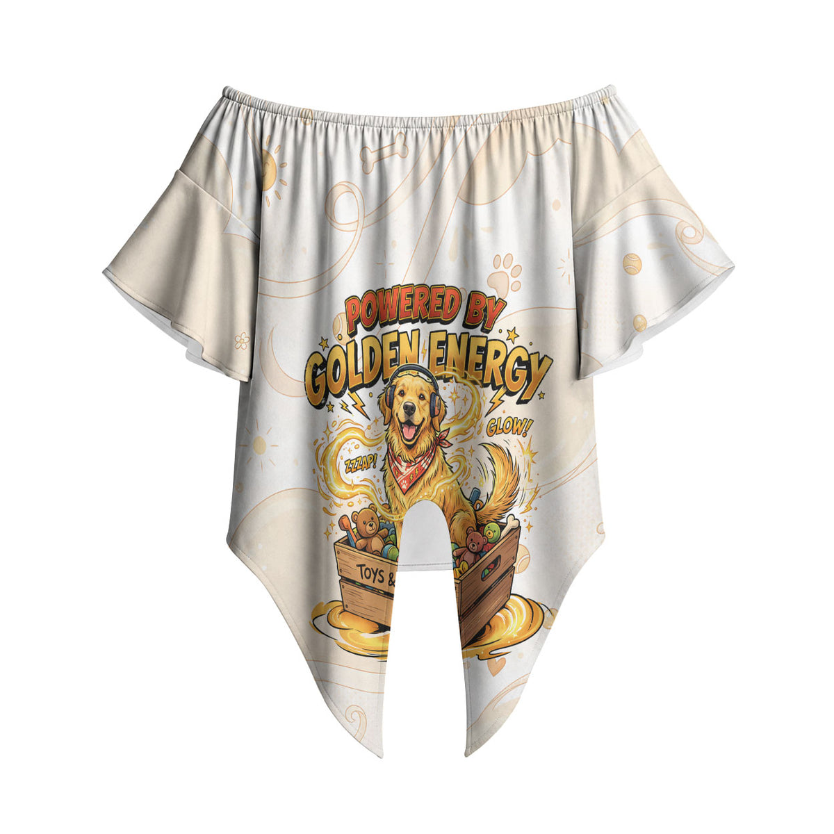 Powered By Golden Energy Off Shoulder Wrap Waist Top Golden Retriever In Toy Retro Comic Crate Art