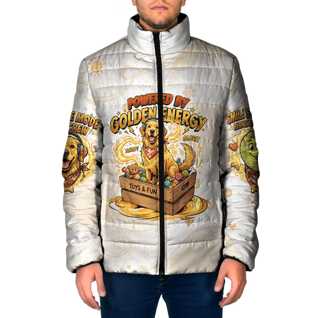 Powered By Golden Energy Padded Jacket Golden Retriever In Toy Retro Comic Crate Art