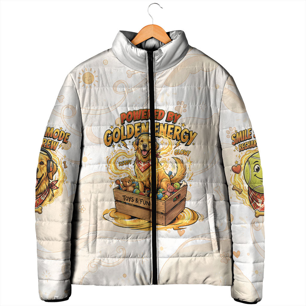 Powered By Golden Energy Padded Jacket Golden Retriever In Toy Retro Comic Crate Art